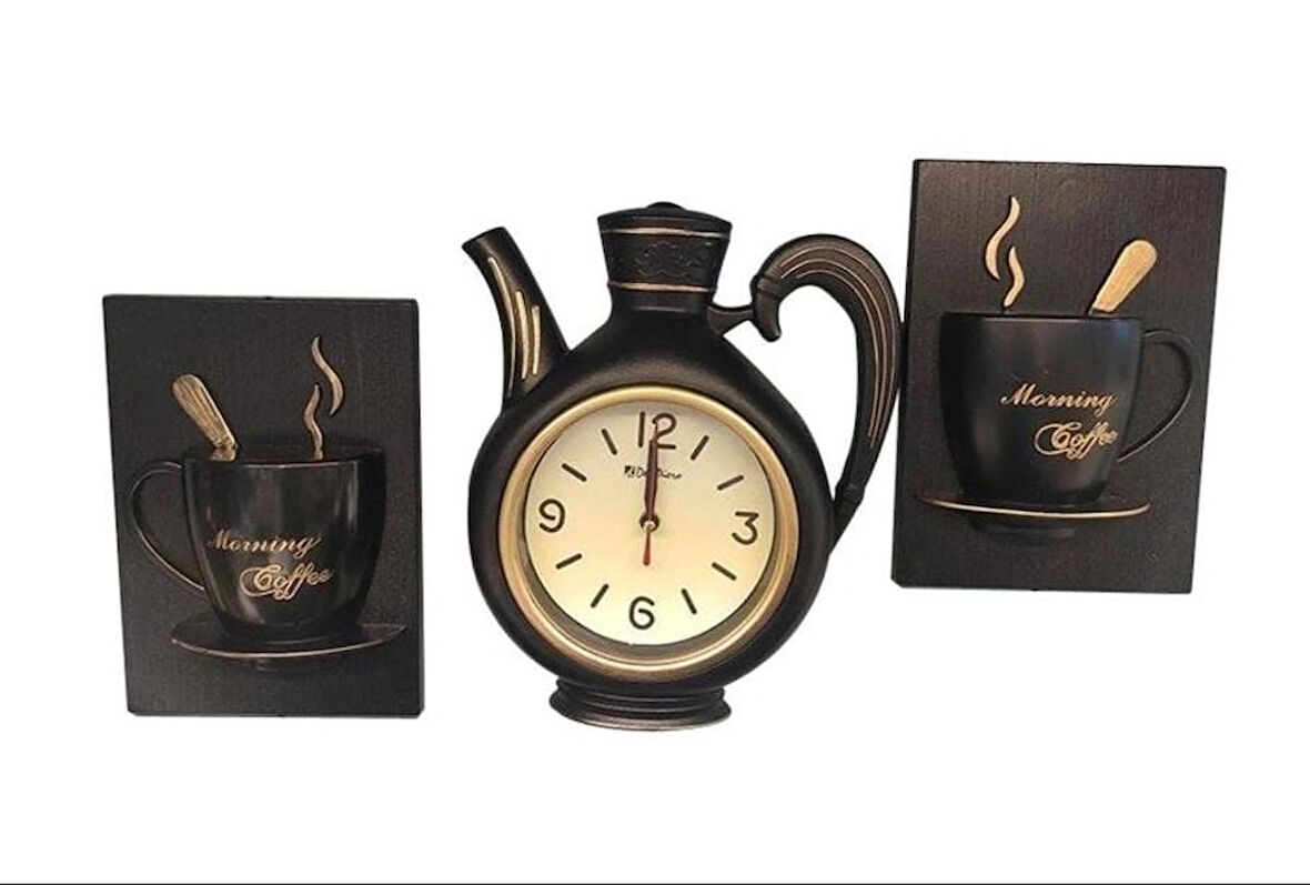 FİNCAN DEKORLU 3 LÜ DEKORATİF MUTFAK SAATİ SİYAH RENK