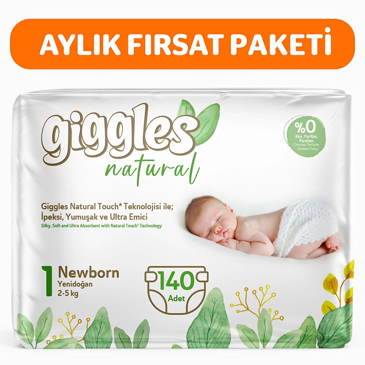 Giggles Natural 1 Numara Yenidoğan Pamuklu Bebek bezi 140 Adet