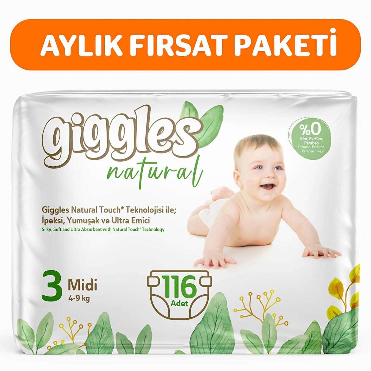 Giggles Natural 3 Numara Midi Pamuklu Bebek bezi 116 Adet