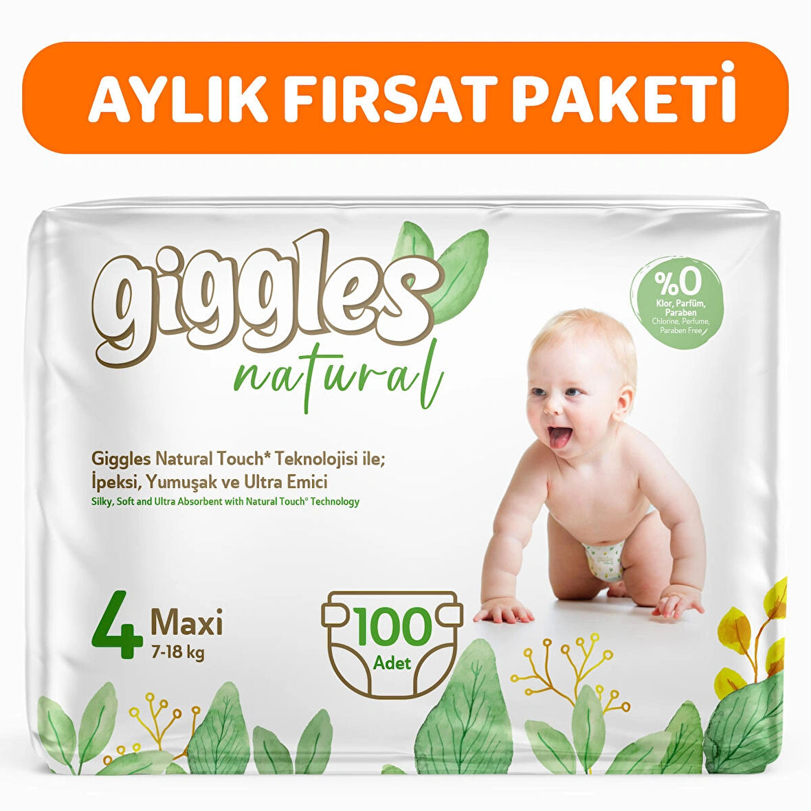 Giggles Natural 4 Numara Maxi Pamuklu Bebek bezi 100 Adet