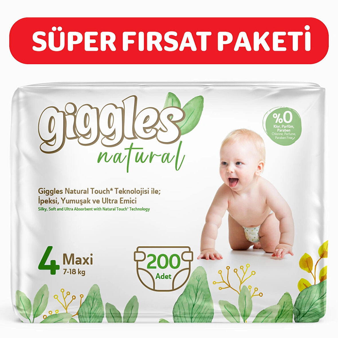 Giggles Natural 4 Numara Maxi Pamuklu Bebek bezi 200 Adet