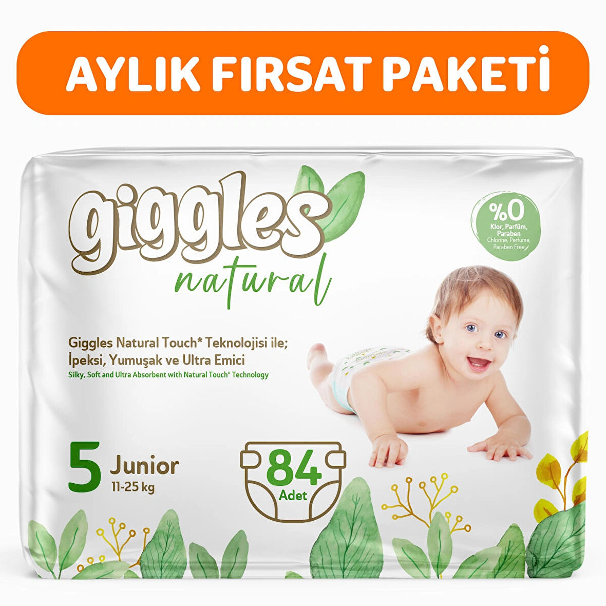 Giggles Natural 5 Numara Juniour Pamuklu Bebek bezi 84 Adet