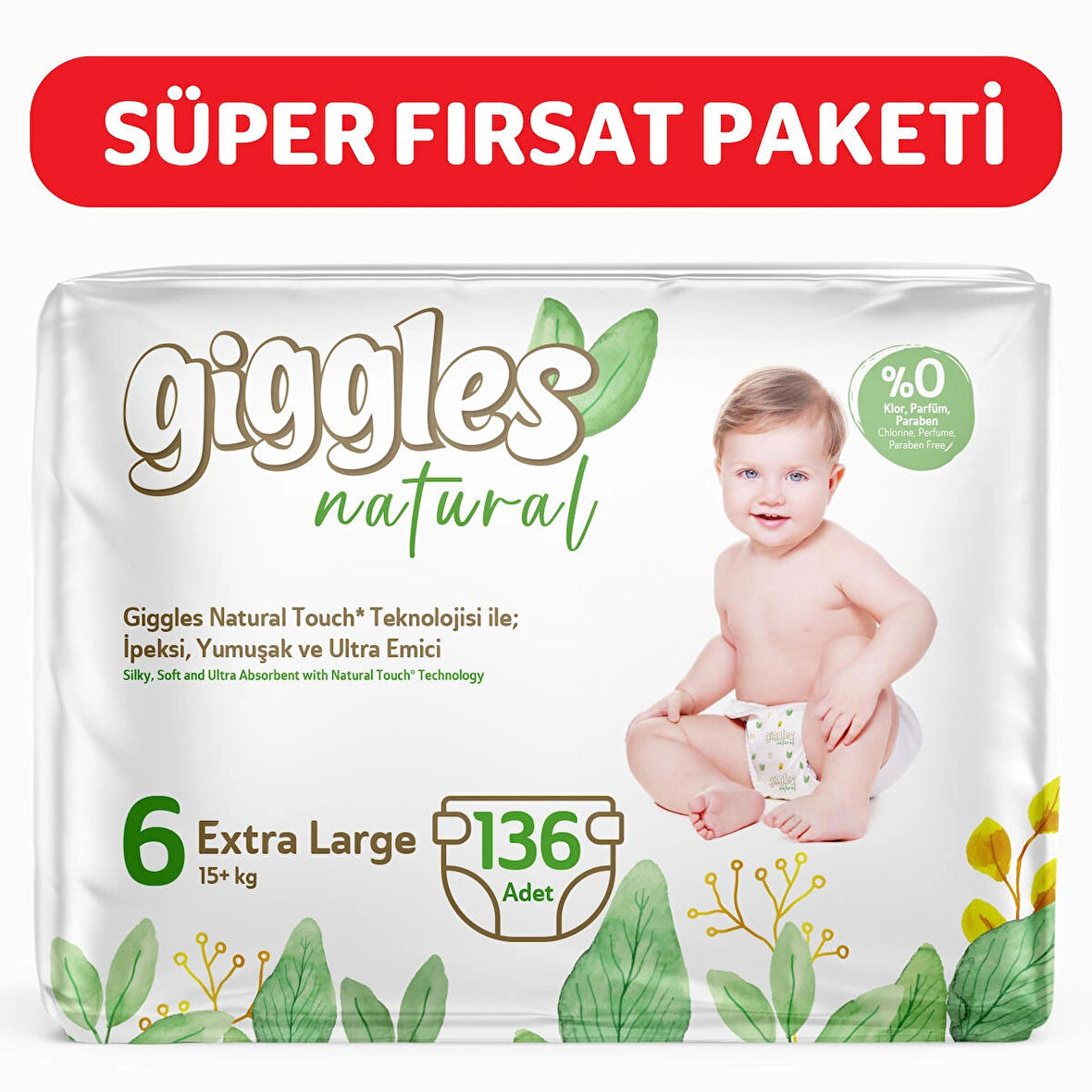 Giggles Natural 6 Numara Junior Plus Pamuklu Bebek bezi 136 Adet