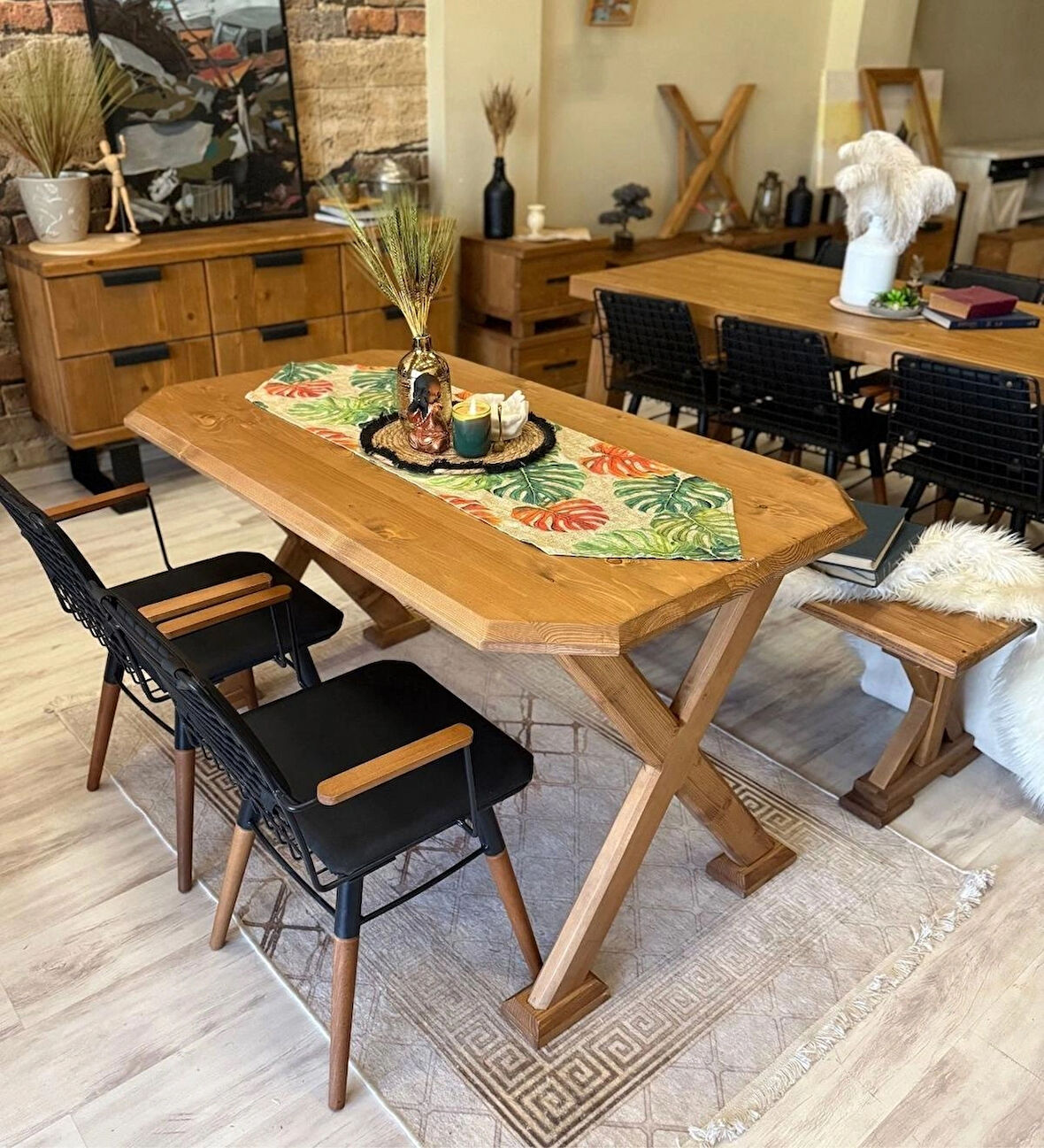 Arden Doğal Ahşap Yemek Masası Takımı Banklı-150cm+2 sandalye 