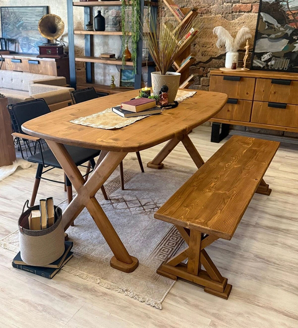 NTconcept Nova Ahşap Yemek Masası Takımı  Kenar Banklı Tel Sandalyeli Doğal 100x210-210+6sandalye