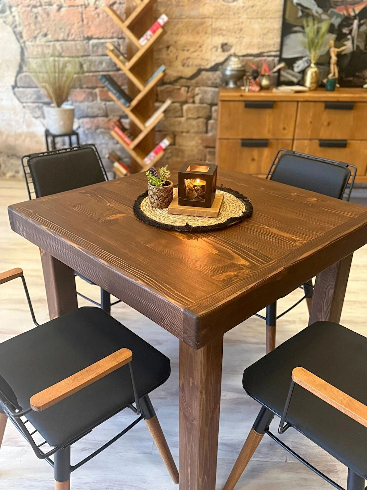 Ntconcept Pina Masif Ağaç Tel Sandalyeli Masa Takımı 100x100+4sandalye