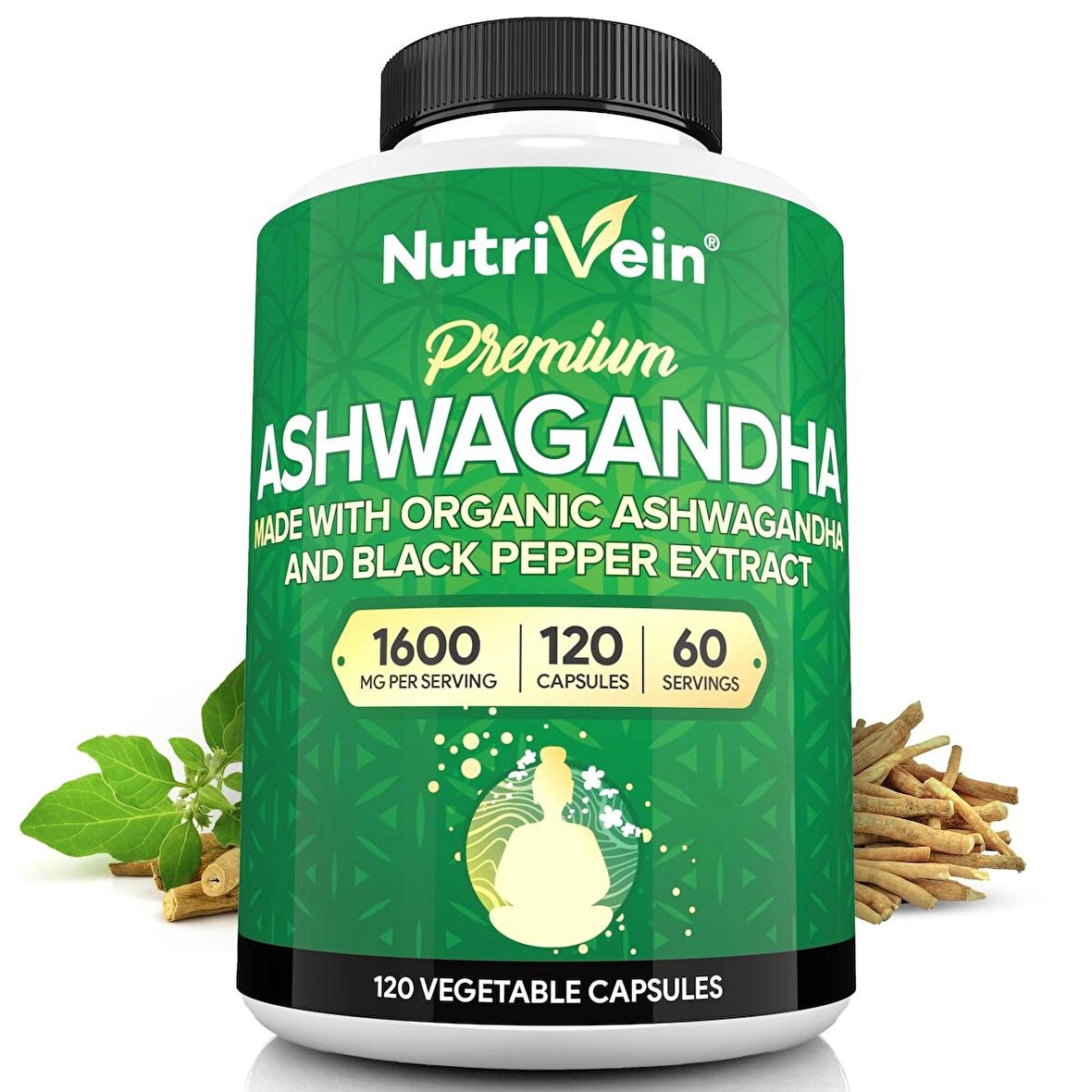 Nutrivein Organic Ashwagandha Capsules 1600mg with Black Pepper Extract - 120 Vegan Pills - 100% Pure Root Powder Supplement - Supports Stress Relief, Immune, Energy, Stamina & Mood