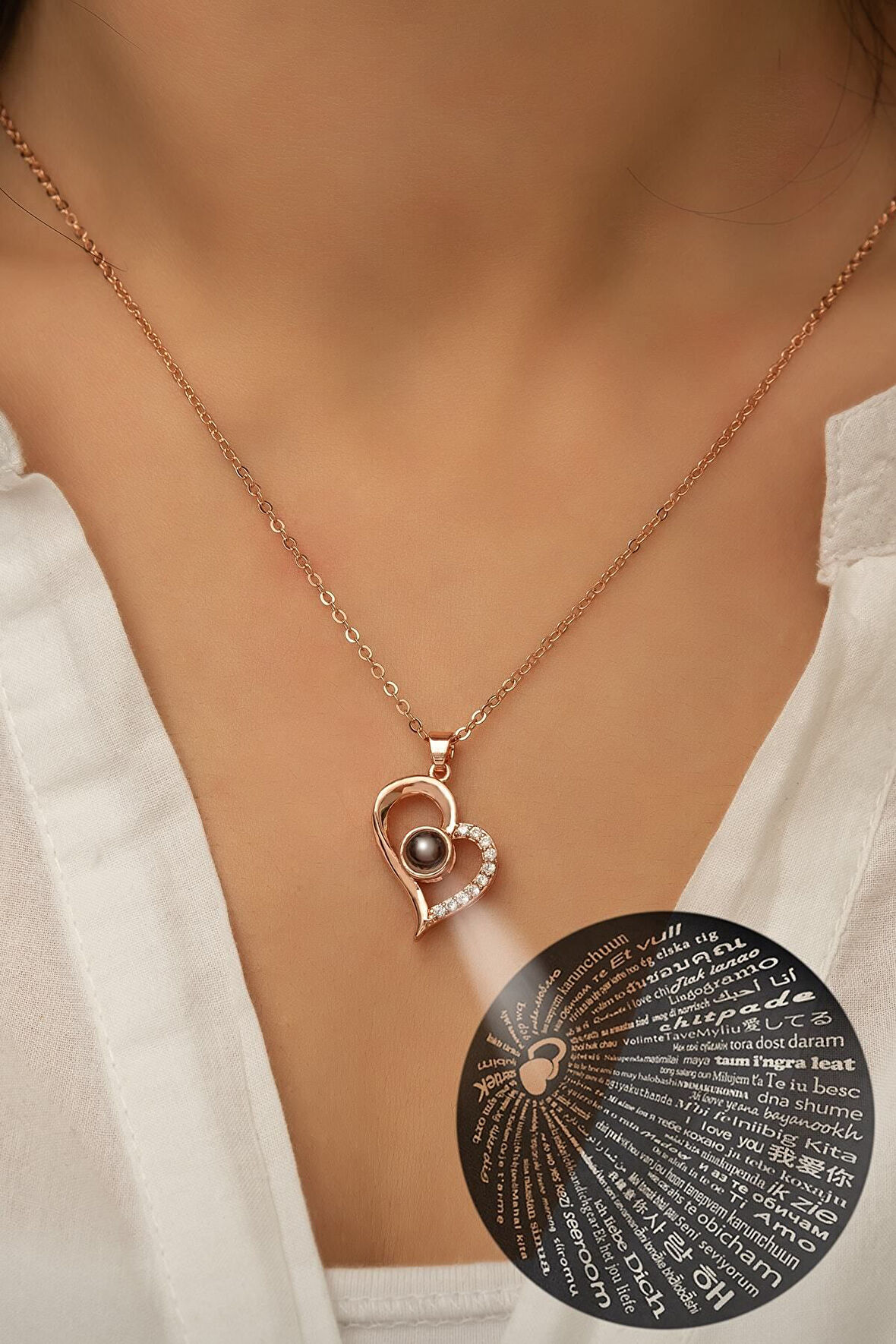 100 Dilde Seni Seviyorum Yazılı 925 Ayar Gümüş Rose Gold Kaplama Kolye