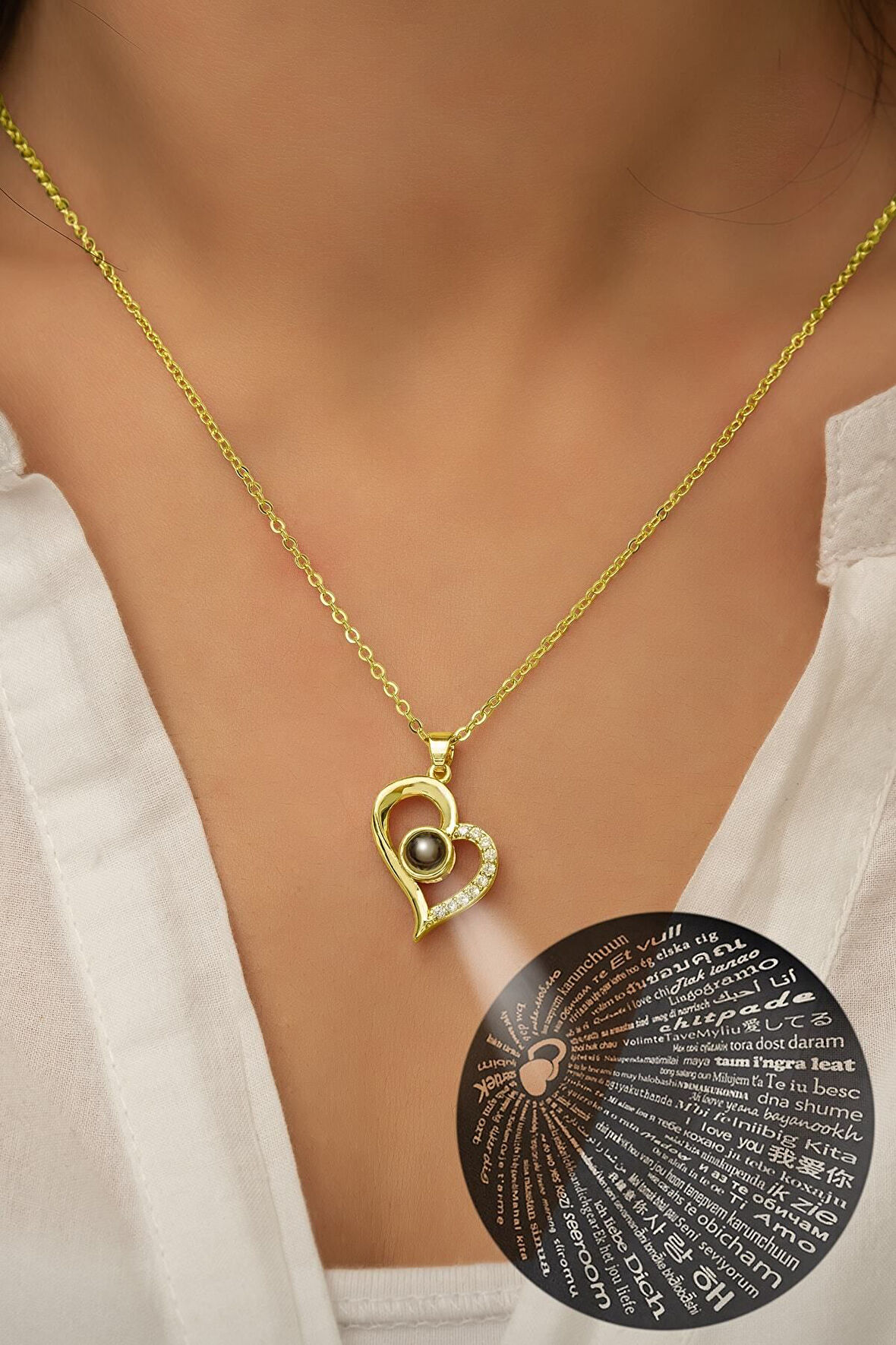 100 Dilde Seni Seviyorum Yazılı 925 Ayar Gümüş 14 Ayar Altın Kaplama Kolye