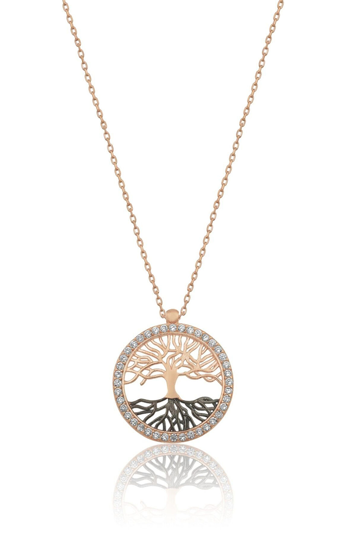 Kadın Hayat Ağacı Nano Zirkon Taşlı Rose 925 Ayar Gümüş Kolye