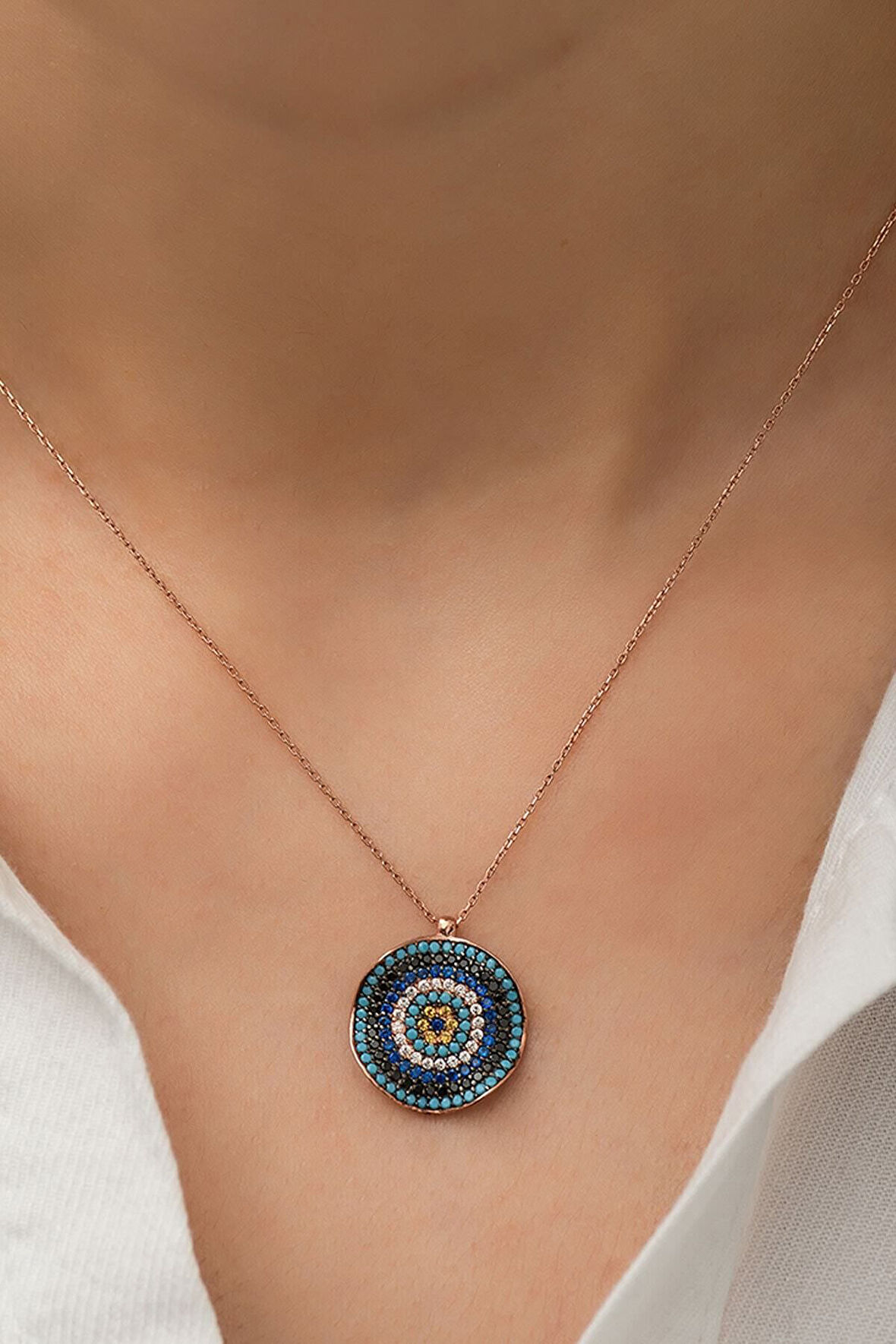 925 Rose Altın Kaplama Dalgalı Gümüş Nazar Kolye