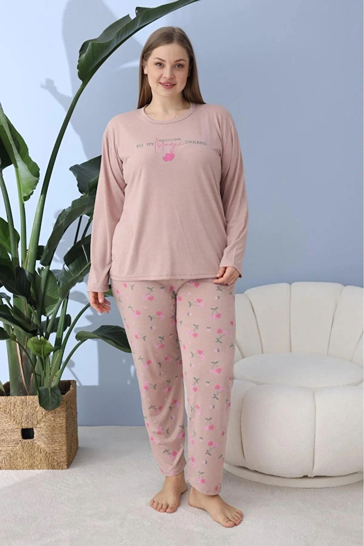 Viskon Uzun Kol Büyük Beden Pijama Takımı