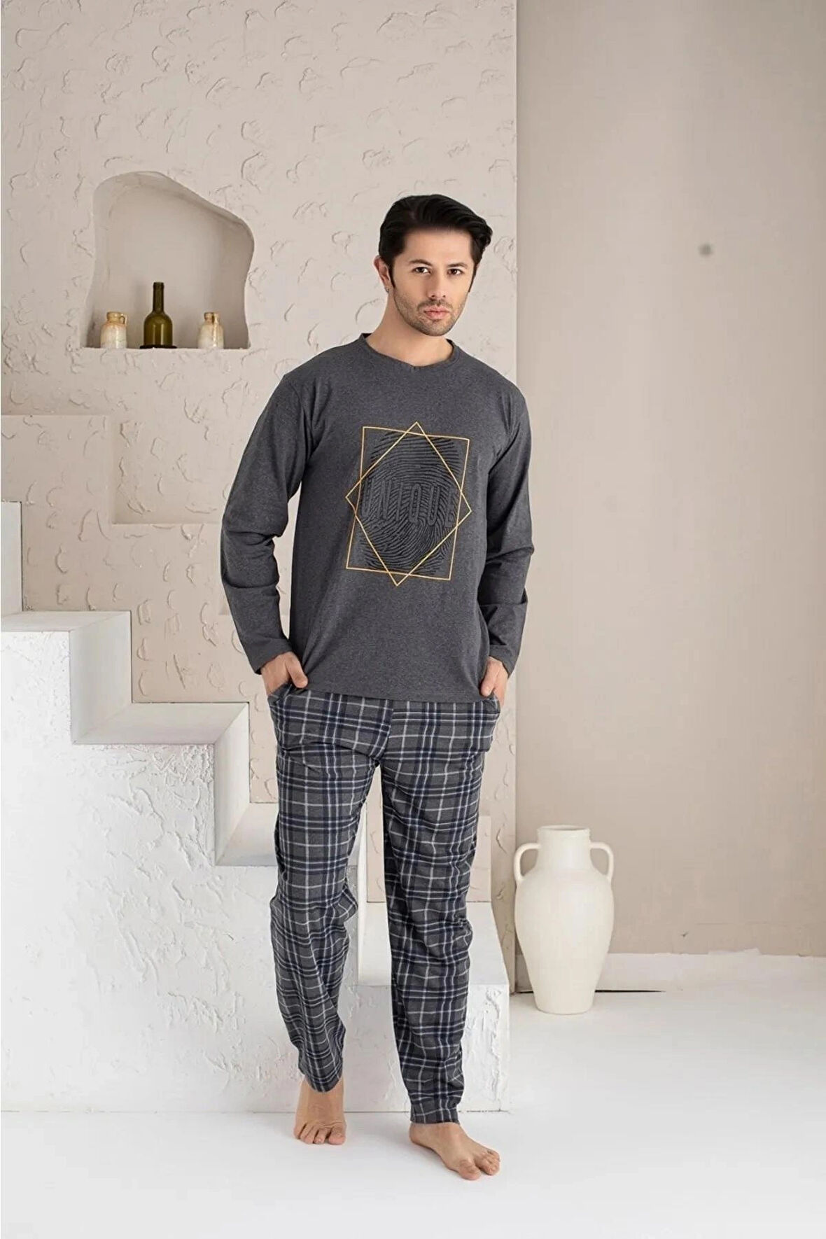 Lukitus Uzun Kol Sıfır Yaka Pamuklu Erkek Pijama Takımı
