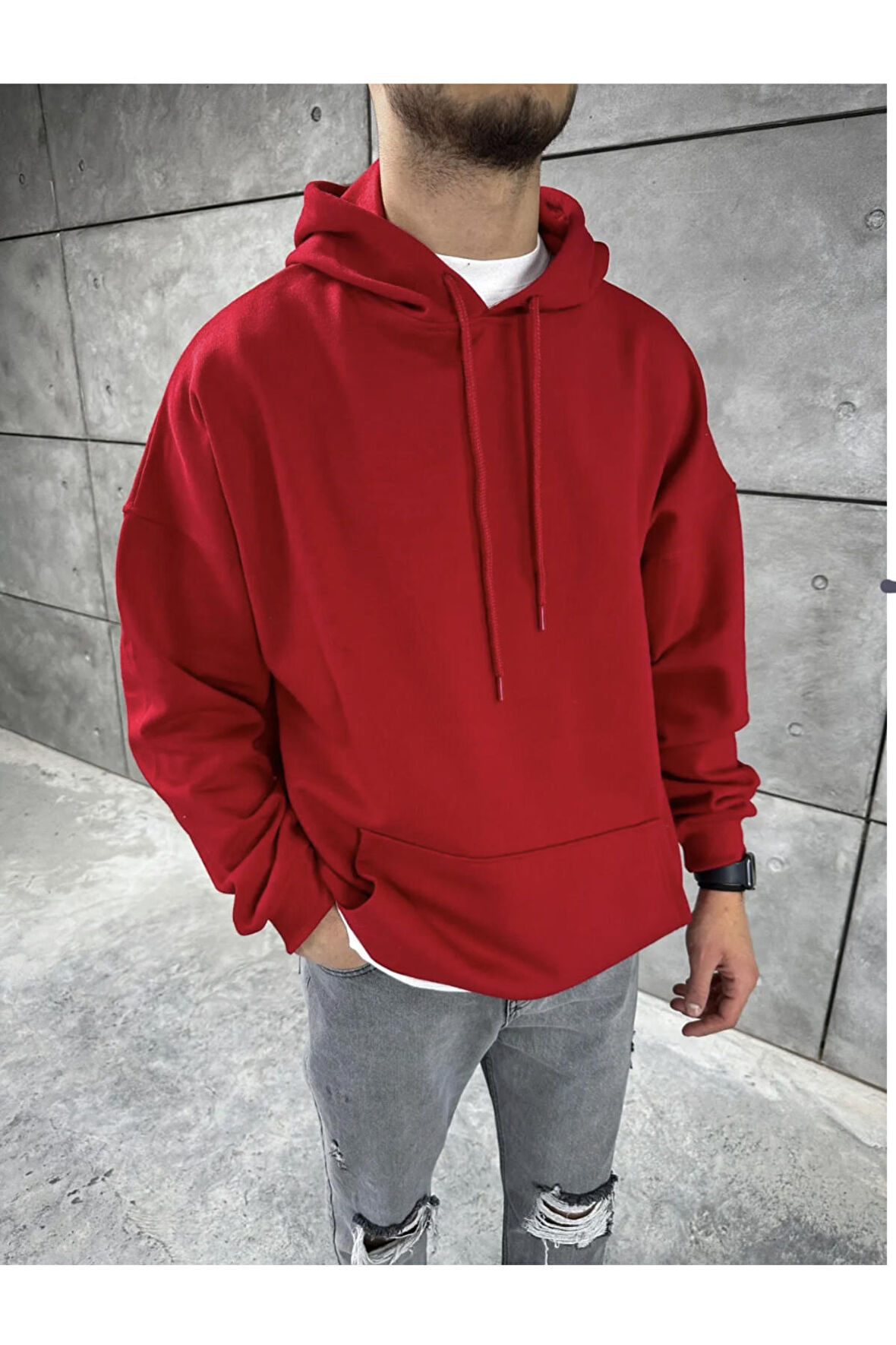 Basic Düz Oversize Kapüşonlu Kanguru Cepli Sweatshirt Hoodie