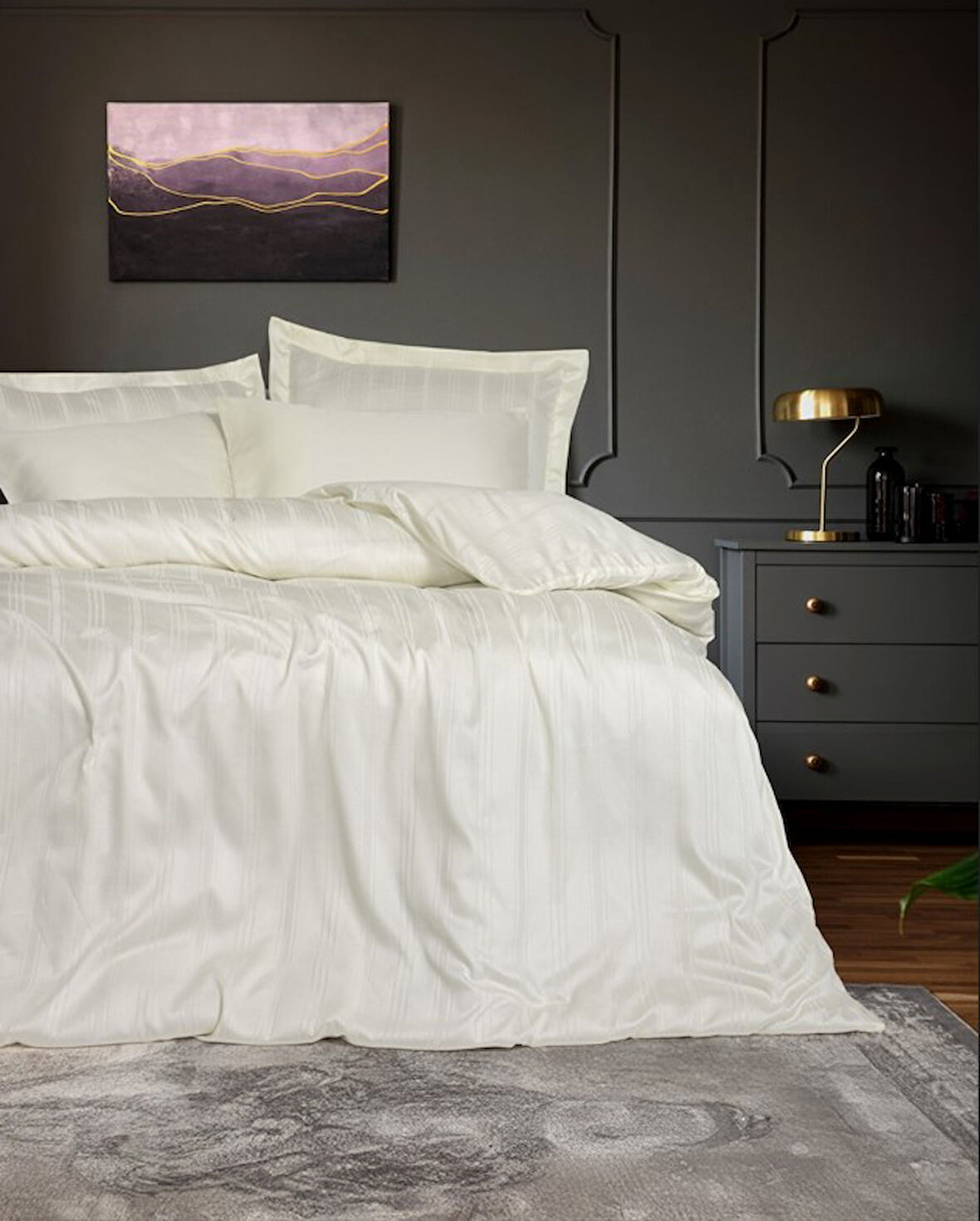 Çift Kişilik Smart Stripe Bambu Saten Nev Takımı Ekru