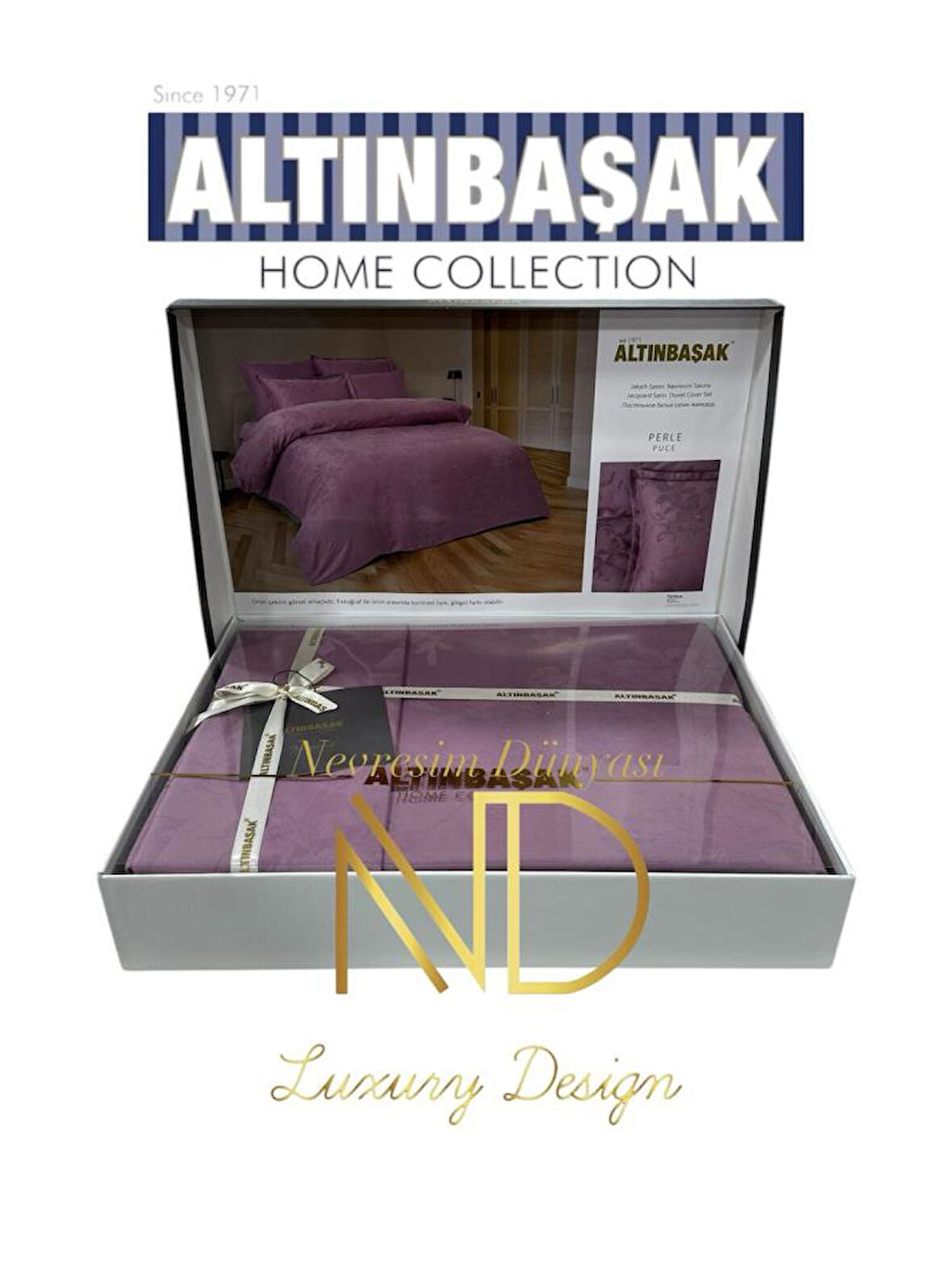 Jakarlı Saten Çift Kişilik Nev Takımı Perle Puce