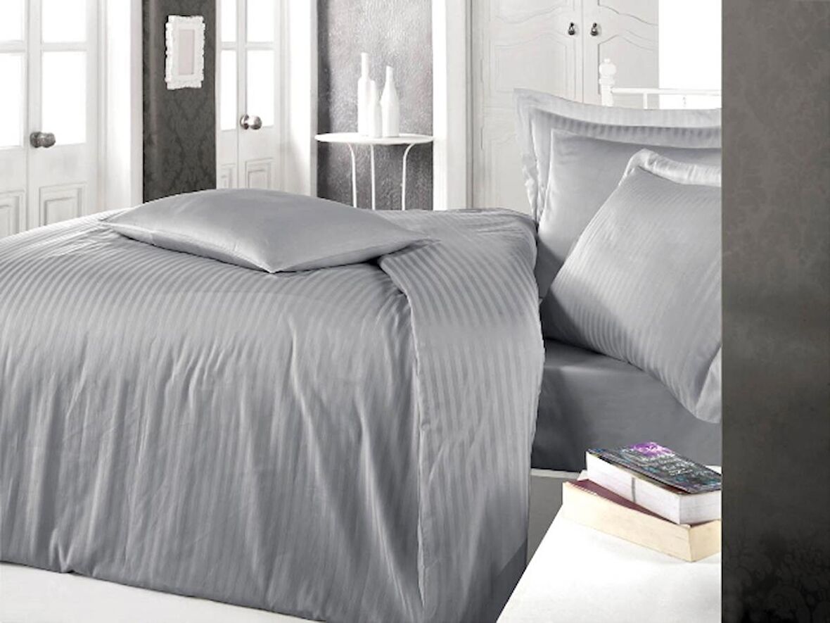 Çizgili Saten Nevresim Takımı Çift Kişilik Gri