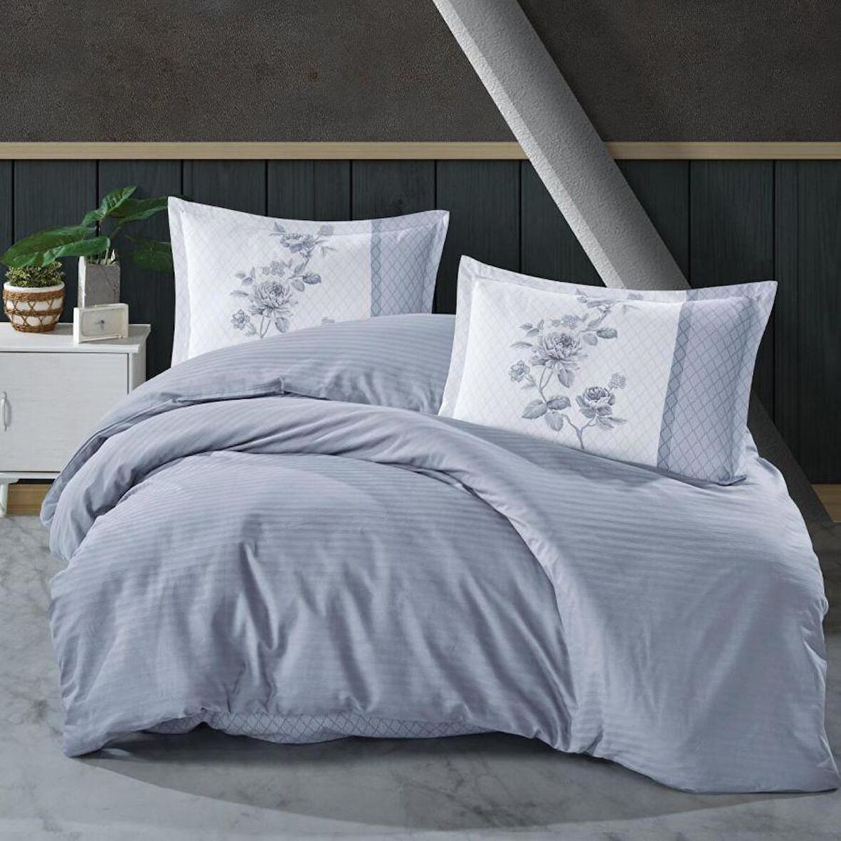 Butik Serisi Çizgili Ranforce Çift Kişilik Nevresim Takımı Suave v1 Mavi