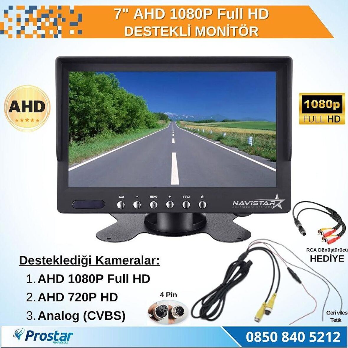 7" AHD 1080P Full HD iki kamera girişli Monitör