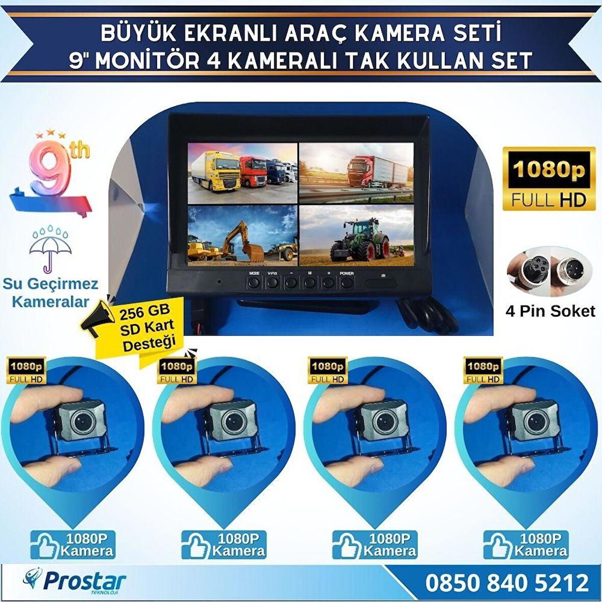 Kayıtlı 9" Monitörlü AHD 1080P 4 Kameralı 256GB SD Destekli 4Pin Tak Kullan Kamera Seti