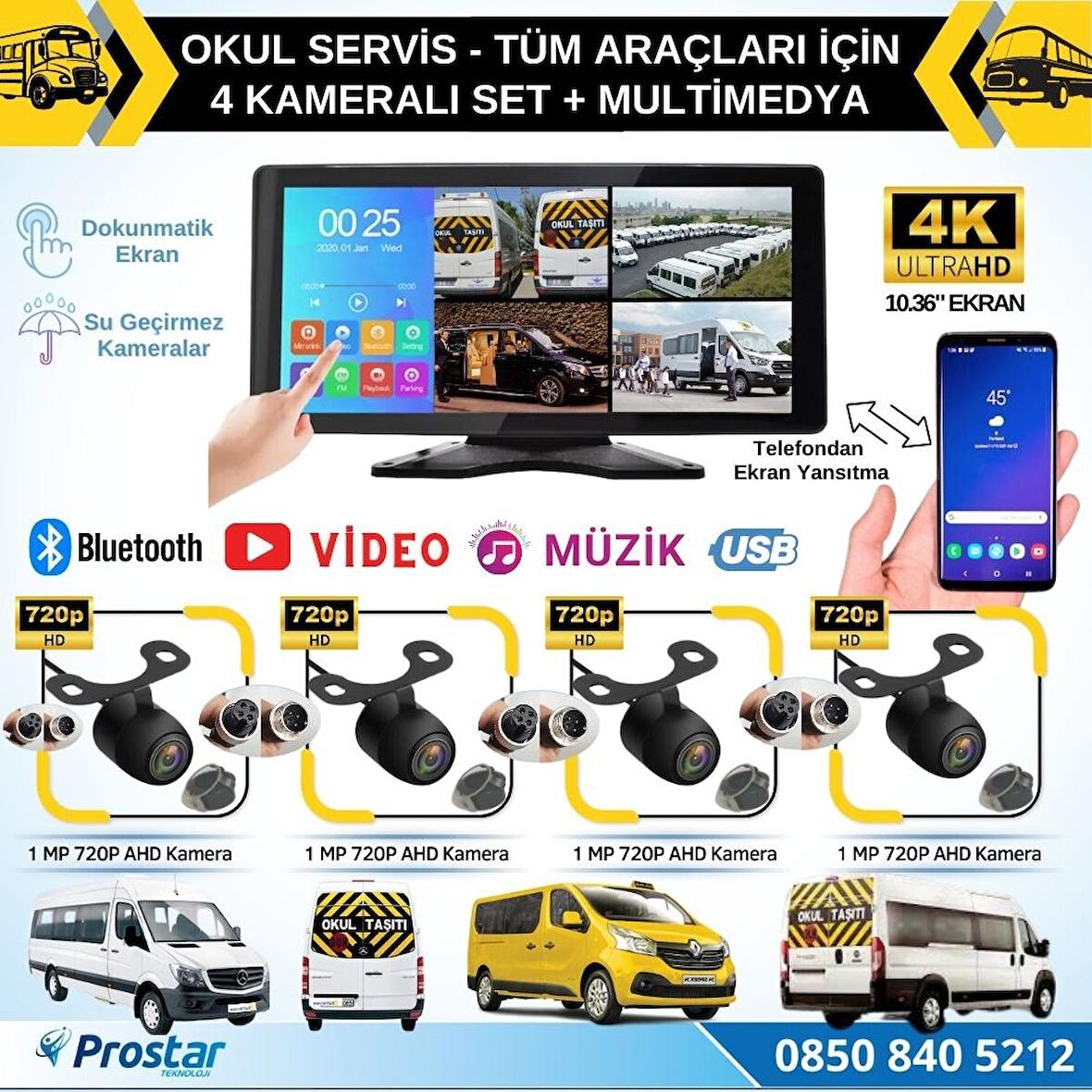 Okul Servisleri için 10.36" Dokunmatik Ekranlı 4 Kameralı Kayıtlı Video Müzik Telefon Ekran Yansıtma