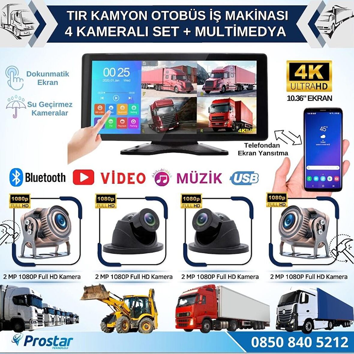 Tır ve Kamyon 10.36" Dokunmatik Ekranlı 4 Kameralı Kayıtlı Video Müzik Telefon Ekran Yansıtma Özelli
