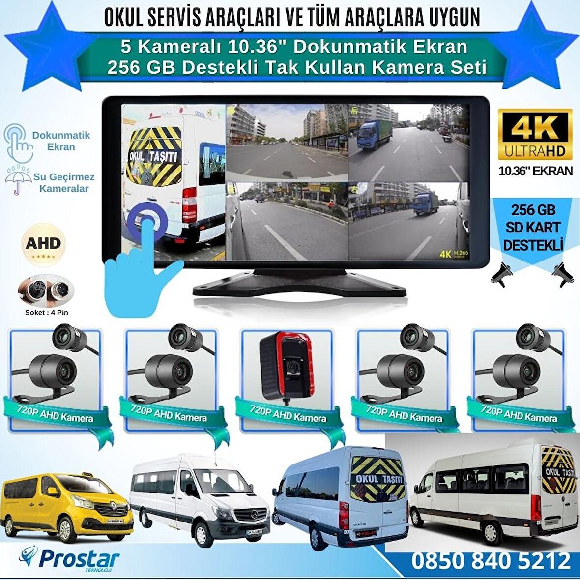 Servisler için 5 Kameralı 10.36" Dokunmatik Kayıtlı Ekranlı 256 GB SD Kart Destekli Araç Kamera Seti