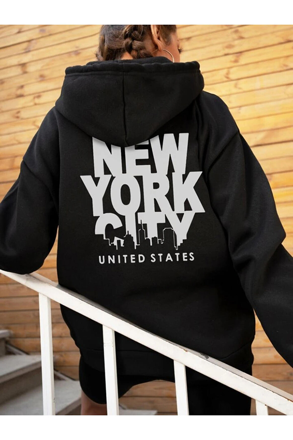 Unisex New York City Baskılı Siyah Oversize Kapüşonlu Sweatshirt