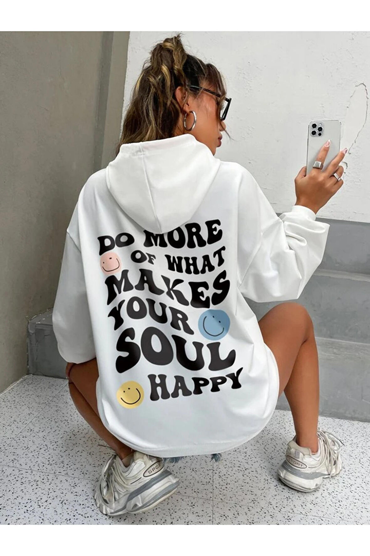 Unisex Do More Of What Makes Your Soul Happy Baskılı Beyaz Oversize Kapüşonlu Sweatshirt