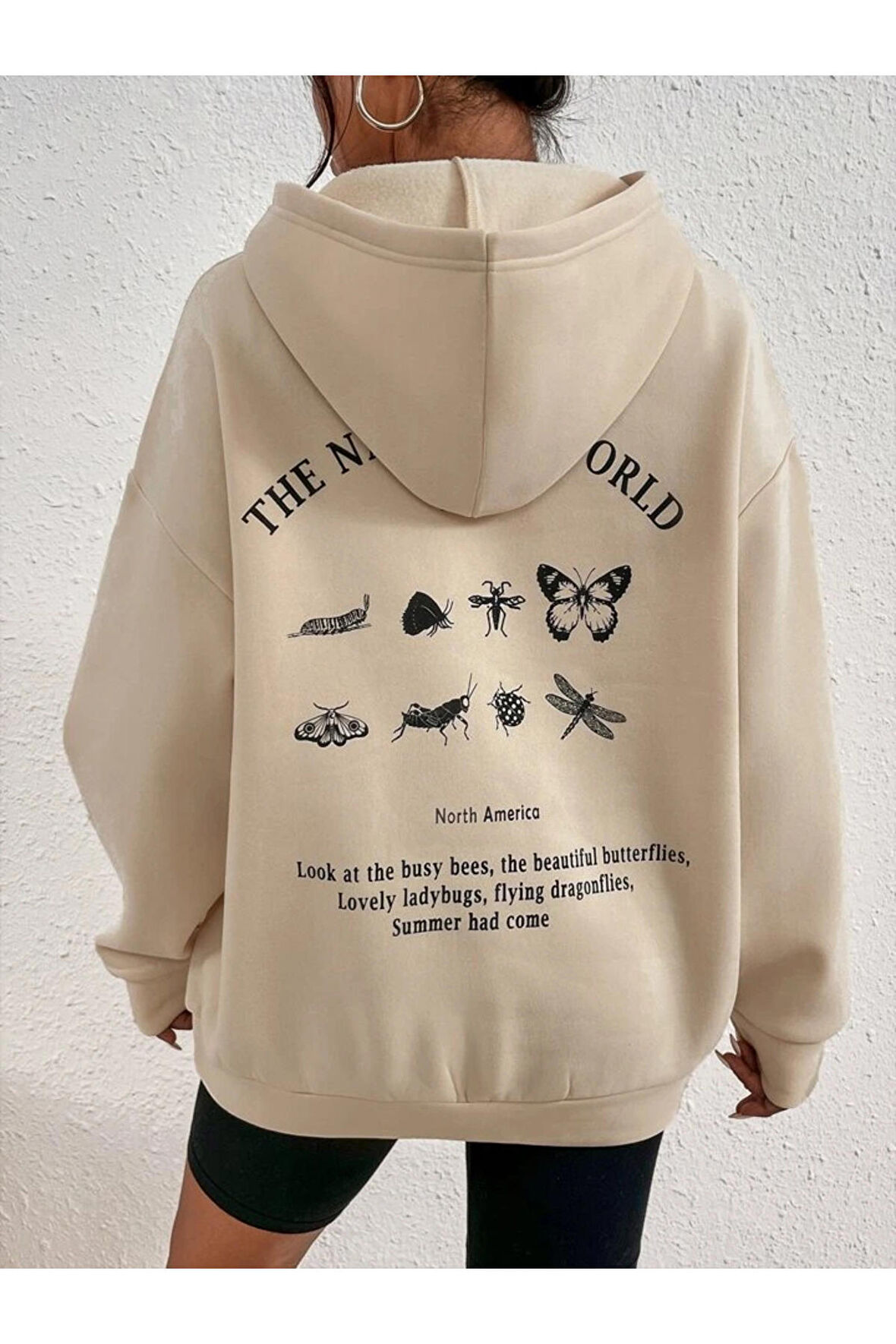 Unisex Kelebek Baskılı Bej Oversize Kapüşonlu Sweatshirt