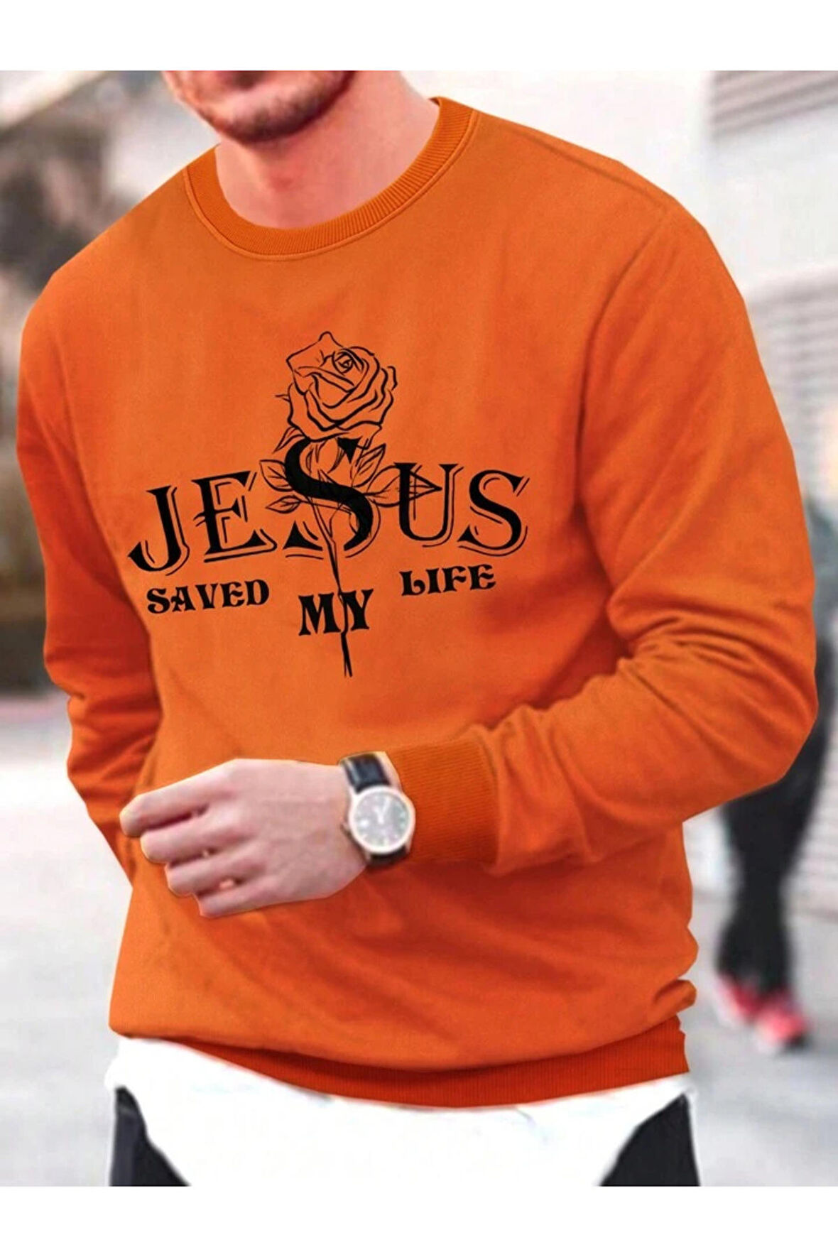 Unisex Jesus Saved My Life Gül Baskılı Turuncu Oversize Sweatshirt