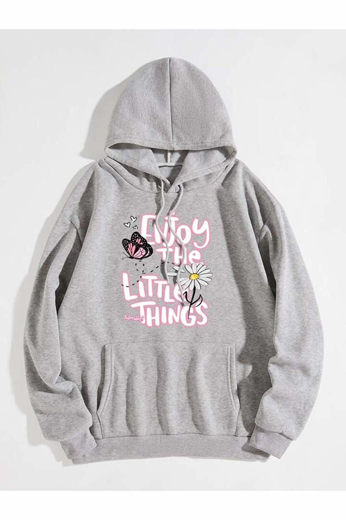 Unisex Enjoy The Little Things Baskılı Gri Oversize Kapüşonlu Sweatshirt