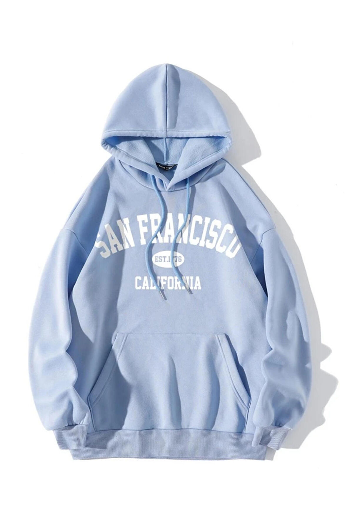 Unisex San Francisco Baskılı Mavi Oversize Kapüşonlu Sweatshirt