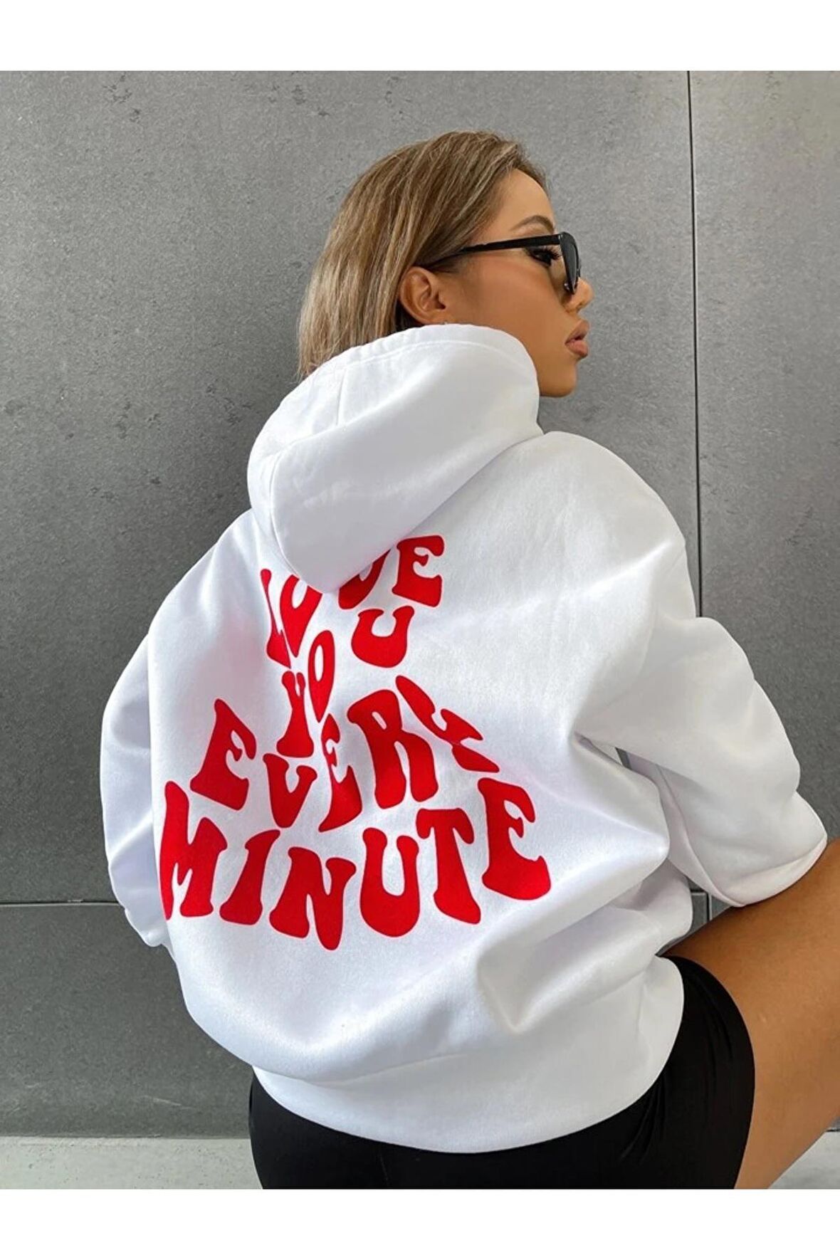 Unisex Love You Every Minute Baskılı Beyaz Oversize Kapüşonlu Sweatshirt