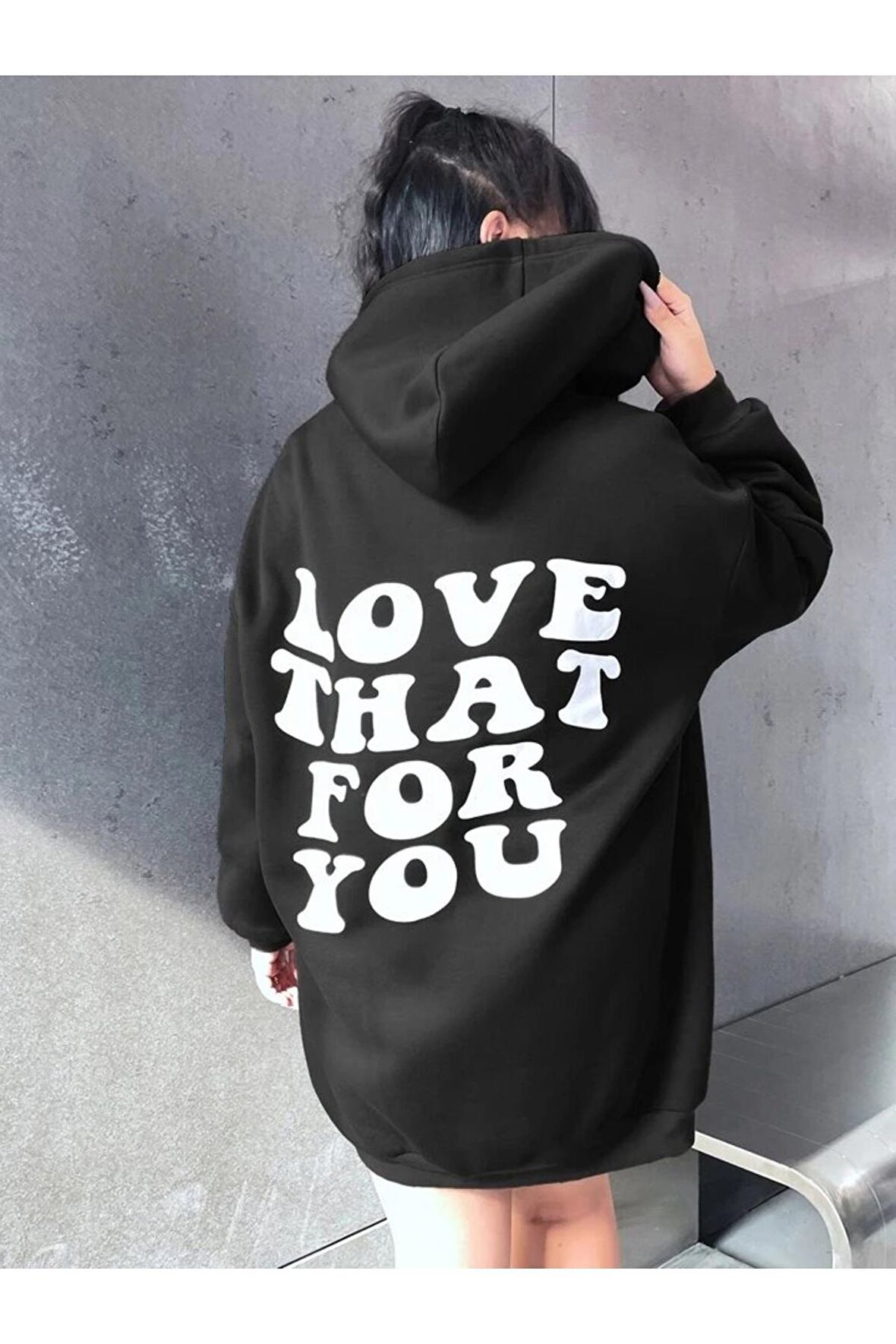 Unisex Love That For You Baskılı Siyah Oversize Kapüşonlu Sweatshirt