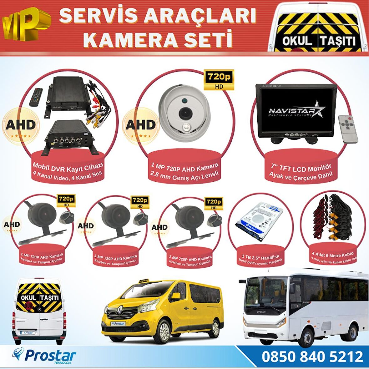 Okul Servis Kamera Seti 4 Kameralı 7" Monitör 4 Kameralı 1 TB Harddisk dahil