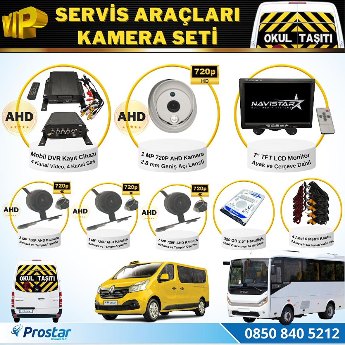 Okul Servis Kamera Seti 4 Kameralı 7" Monitör 4 Kameralı 320 GB Harddisk dahil
