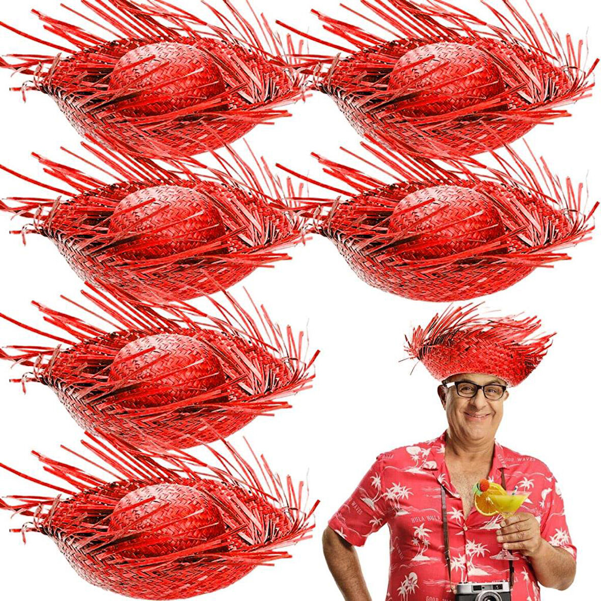 Tropikal Parti Kırmızı Hasır Hawaii Şapkası 13x36 cm