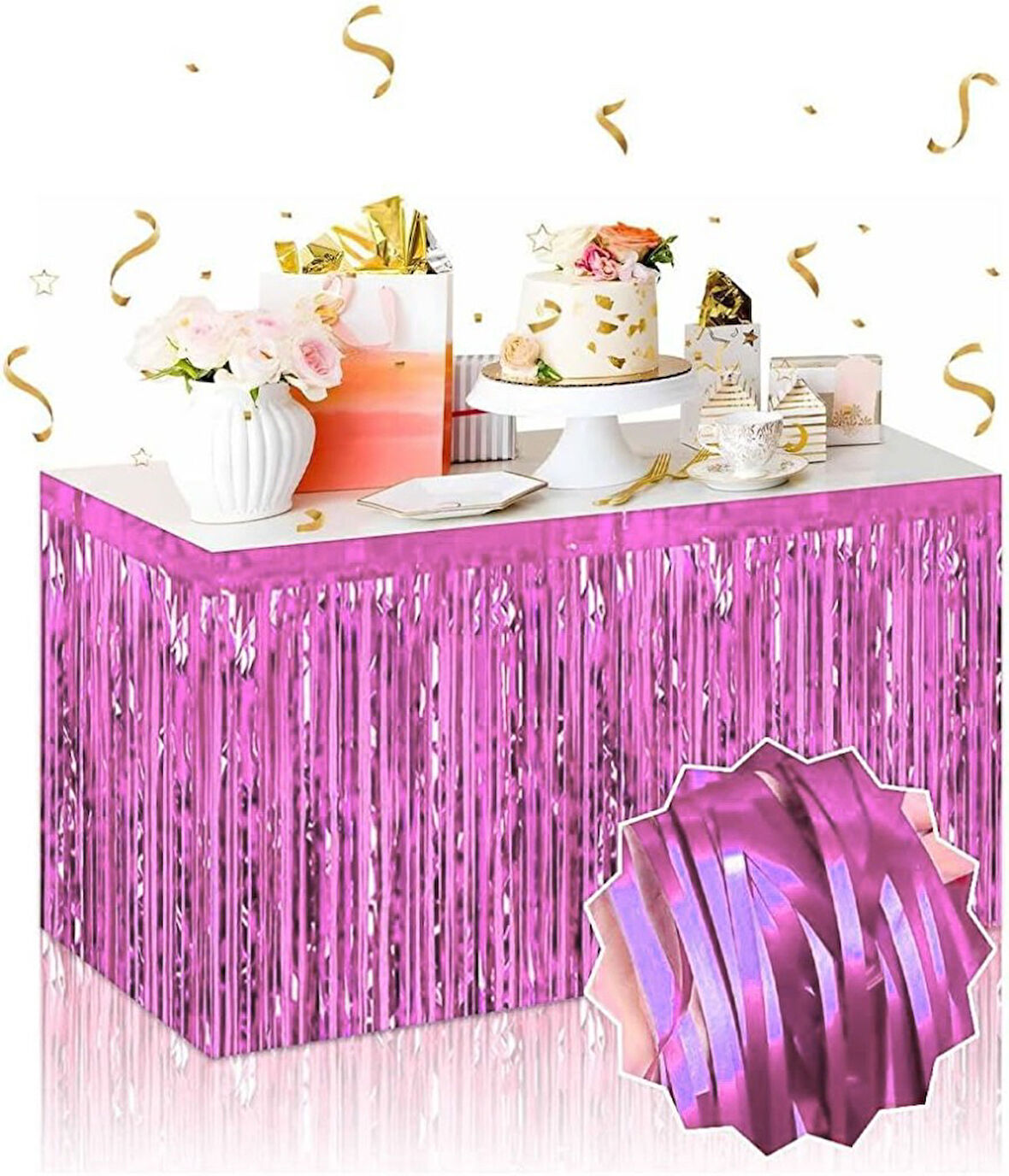 Nessiworld Kendinden Yapışkanlı Pembe Metalize Püsküllü Masa Eteği - 75 x 275 cm Parti Süslemesi