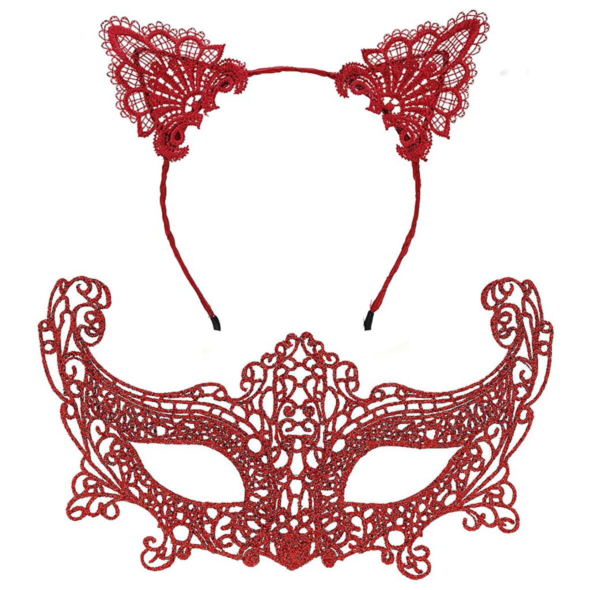 Nessiworld Romantik Kırmızı Dantel Maske Seti - Kedi Kulaklı Taç ve Maske 3 No