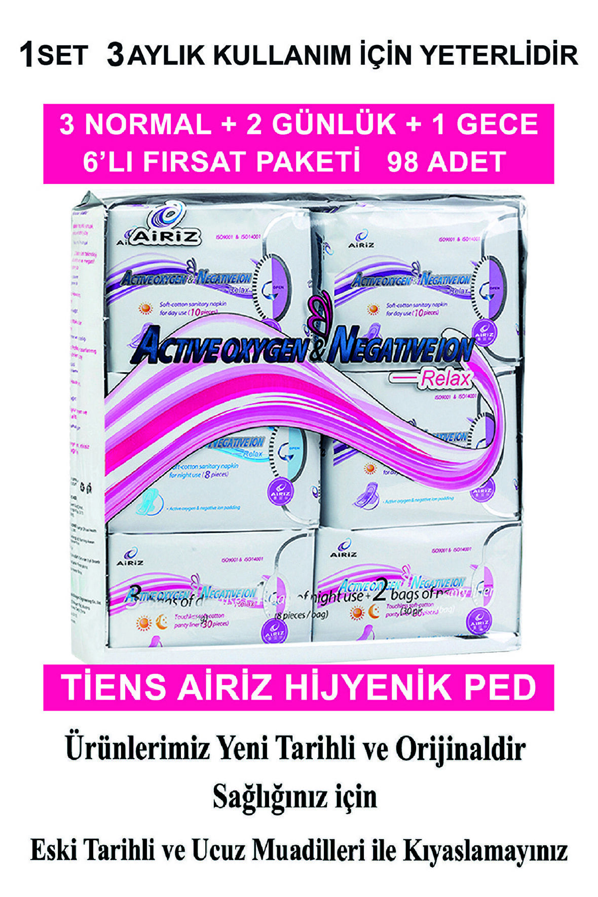 Tiens Airiz Gece - Günlük - Normal Hijyenik Ped 98 Adet + 6'lı Paket