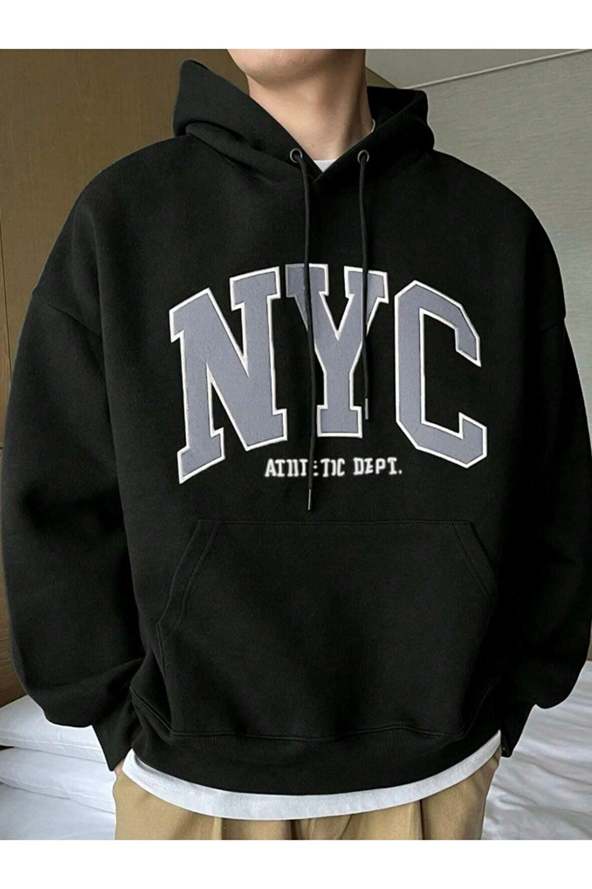 Erkek Siyah Nyc Baskılı Oversize Kapşonlu Sweatshirt