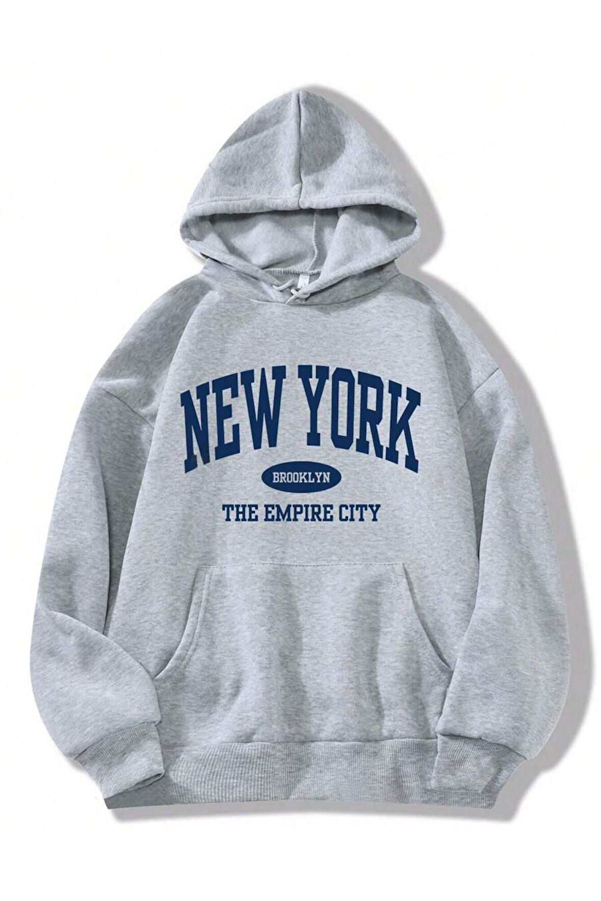 NewYork The Empire City Baskılı Unisex Gri Kanguru Cepli Kapüşonlu Sweatshirt Hoodie | M