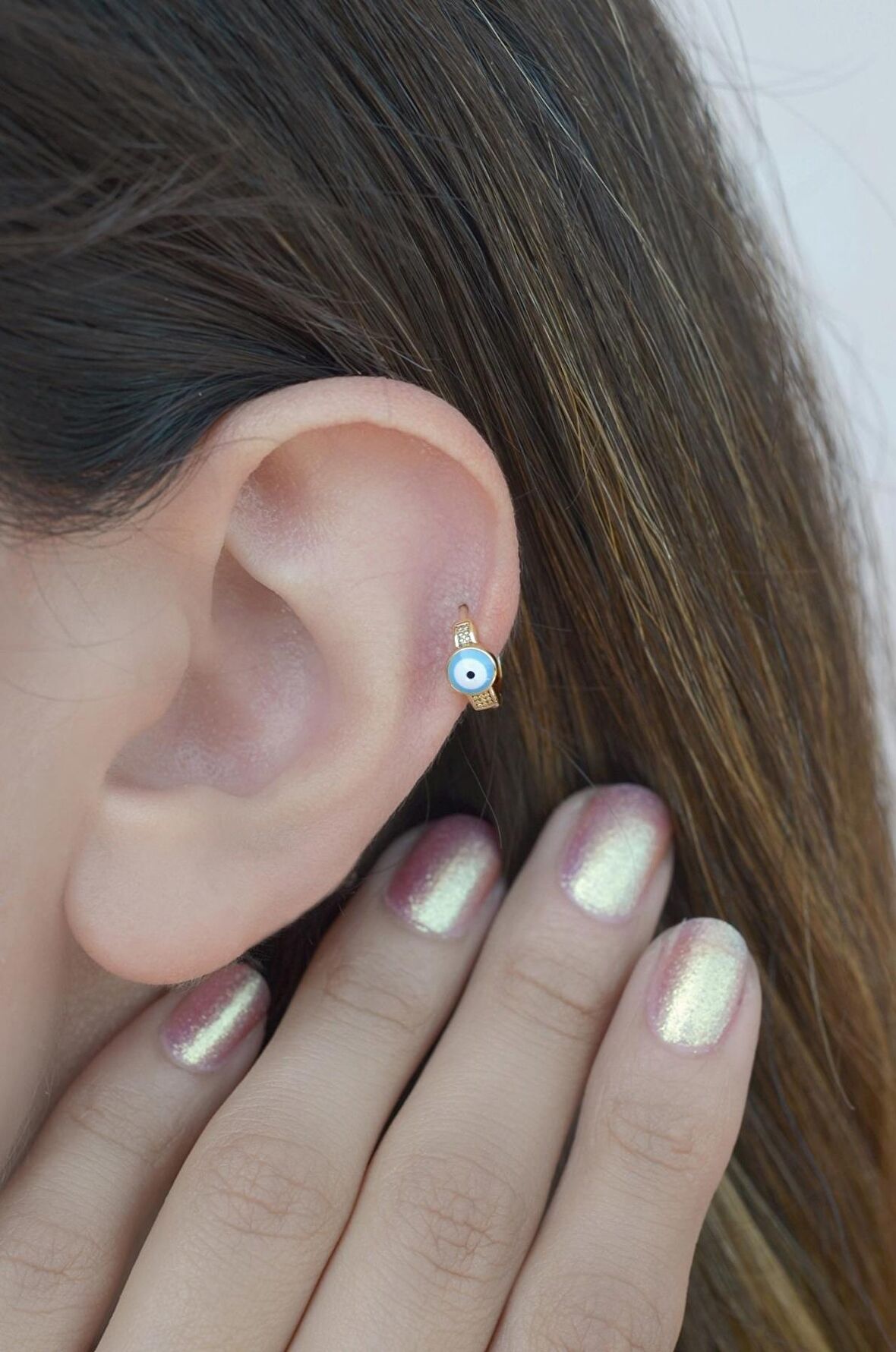 Nazar Boncuklu Halka Piercing Helix Kıkırdak Küpesi