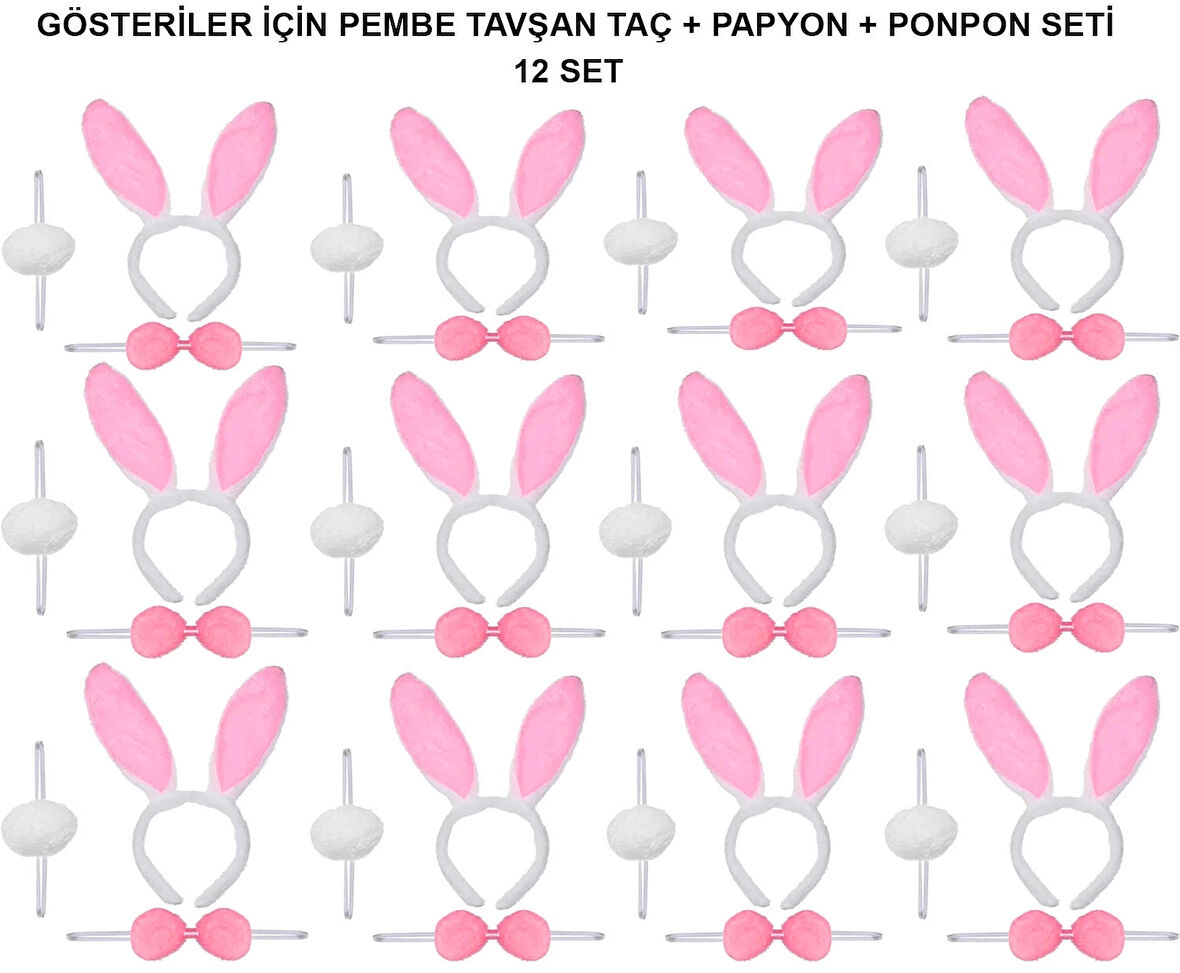 Pembe Tavşan Kostüm Seti – Taç, Papyon, Ponpon (12’li Paket)