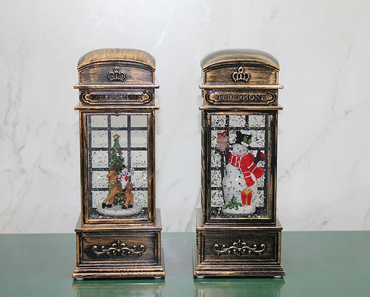 Telefon Kulübesi Tasarımlı Yılbaşı Temalı Işıklı Müzikli Kar Küresi Model 1