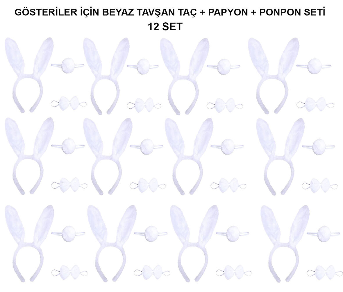 Beyaz Tavşan Kostüm Seti – Taç, Papyon, Kuyruk (12’li Paket)
