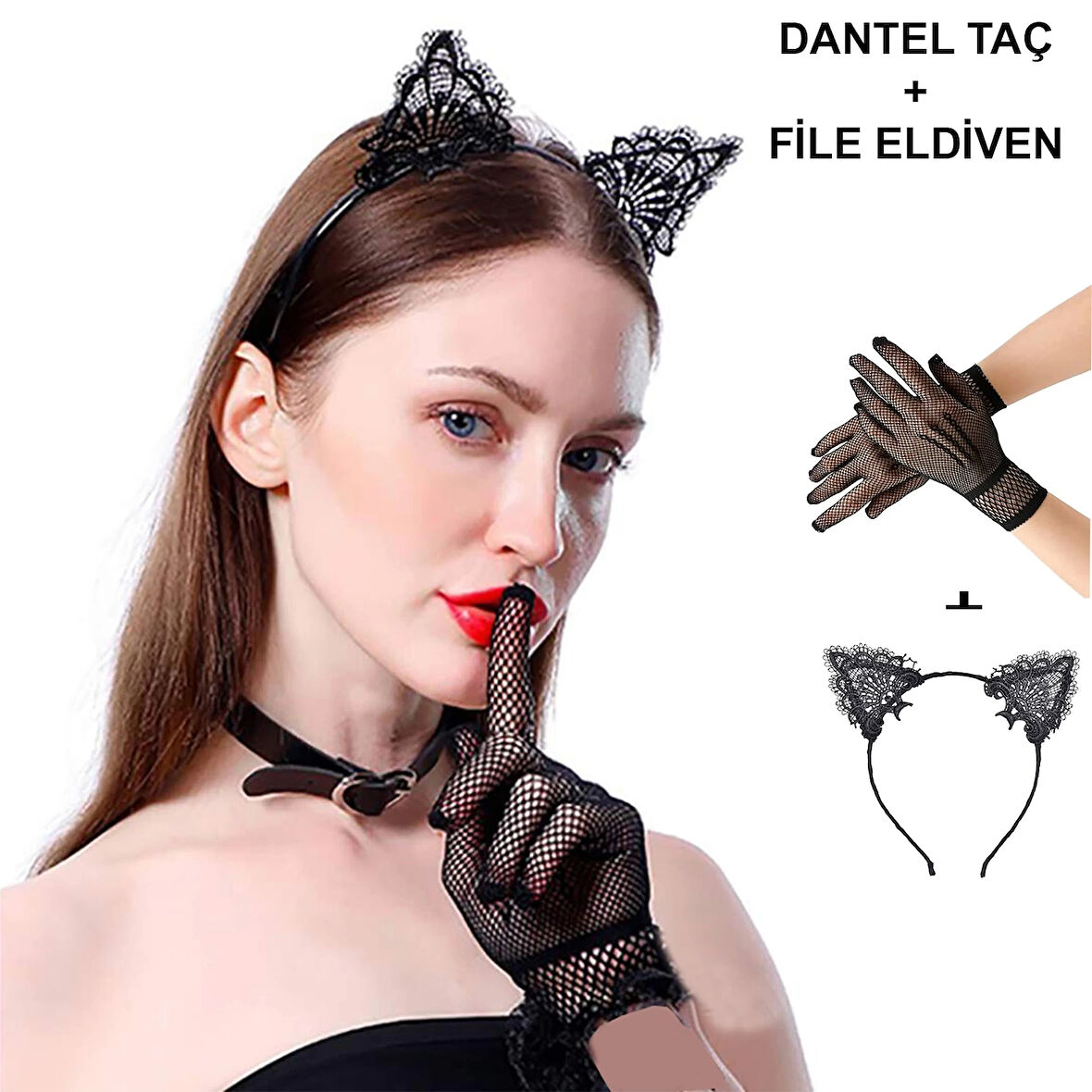 Siyah Kedi Dantel Taç + Eldiven Seti – Parti, Dans ve Kostüm Kombini