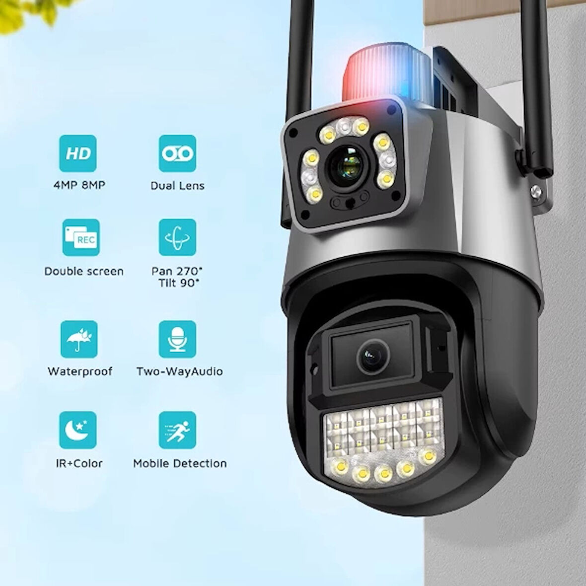 Çakarlı Çift Lensli Dış Mekan Güvenlik Kamerası