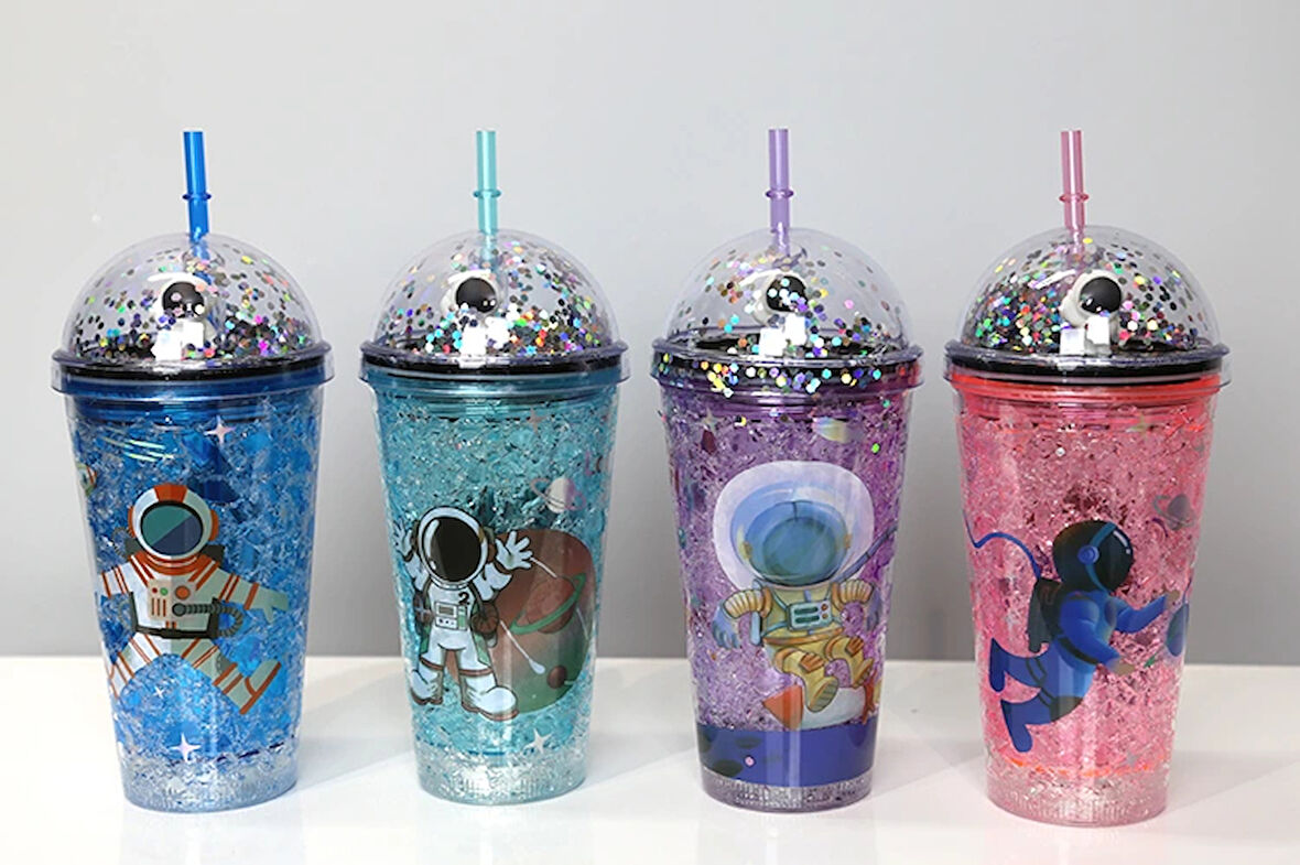 Sevimli Astronot Pipetli Işıklı Pullu Suluk Bardak 400 ml